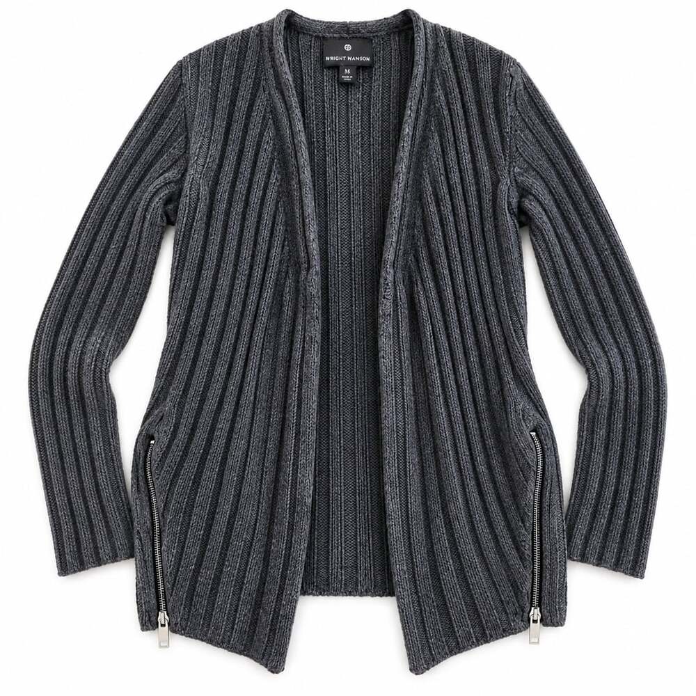 Fenn Wright Manson Cardigan Size M Gray/ Brown Ribbed Knit Wool Blend